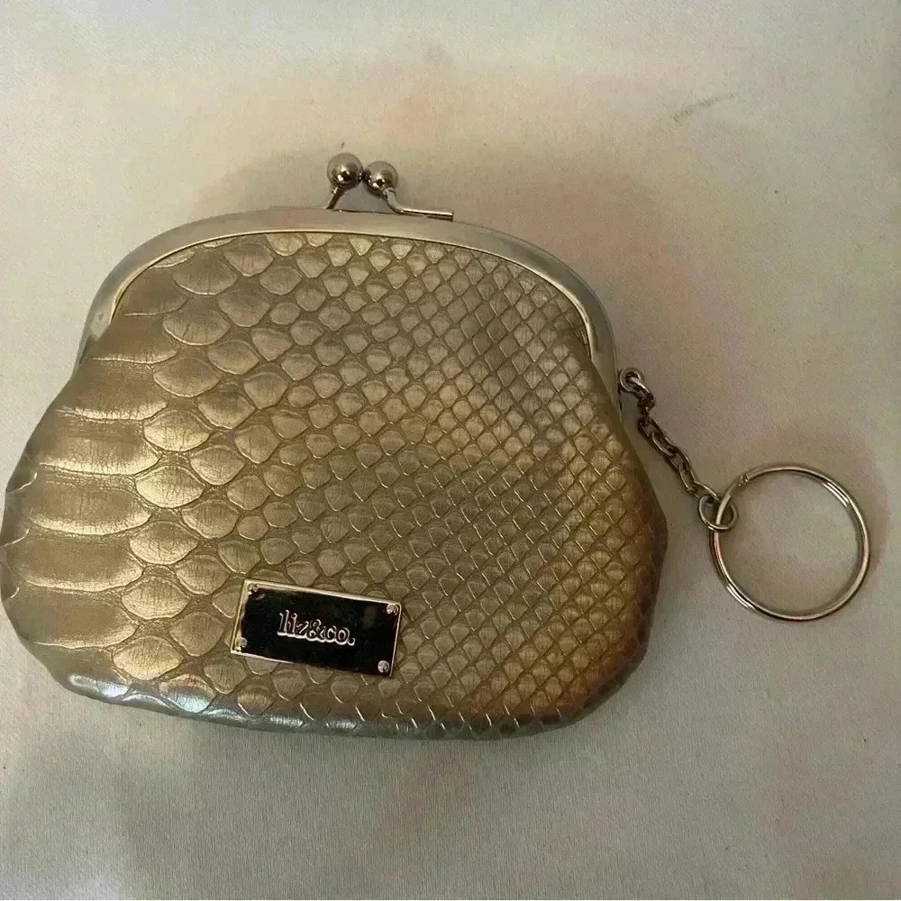 Vintage LIZ CLAIBORNE Gold Silver Textured Coin Change Purse Wallet keychain